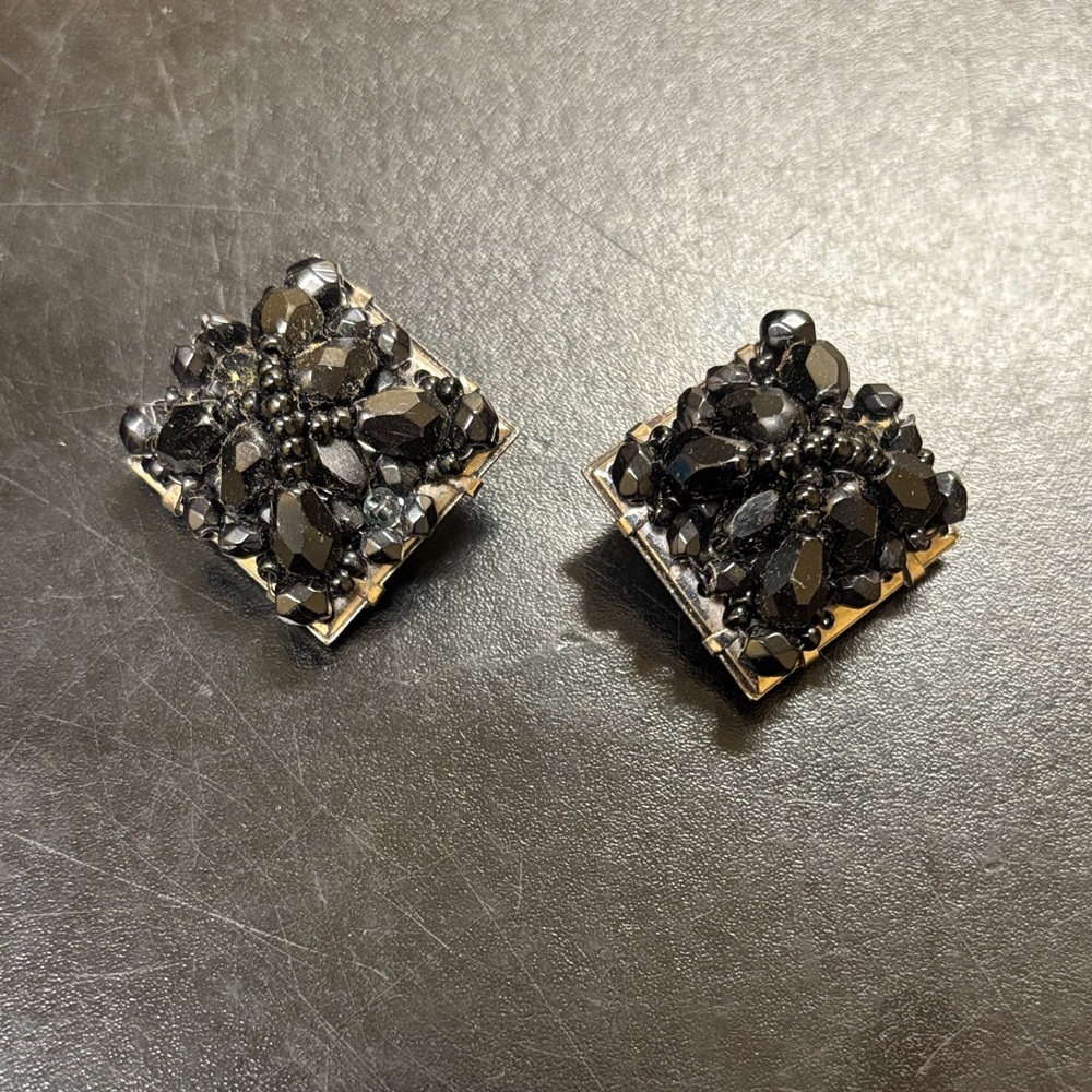 Vintage Black Crystal Stud Clip On  Earrings